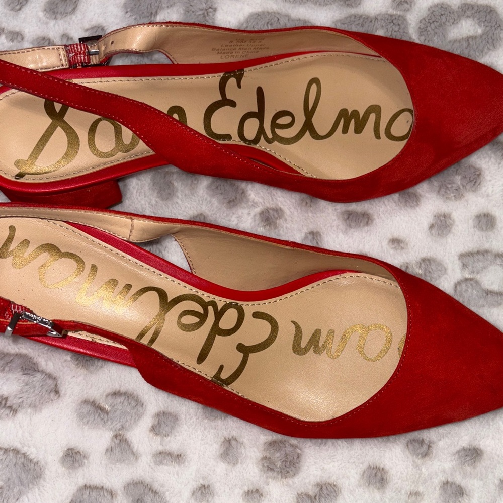 Sam Edelman Orange-Red Suede Block Heel Slingbacks - Picture 3 of 10